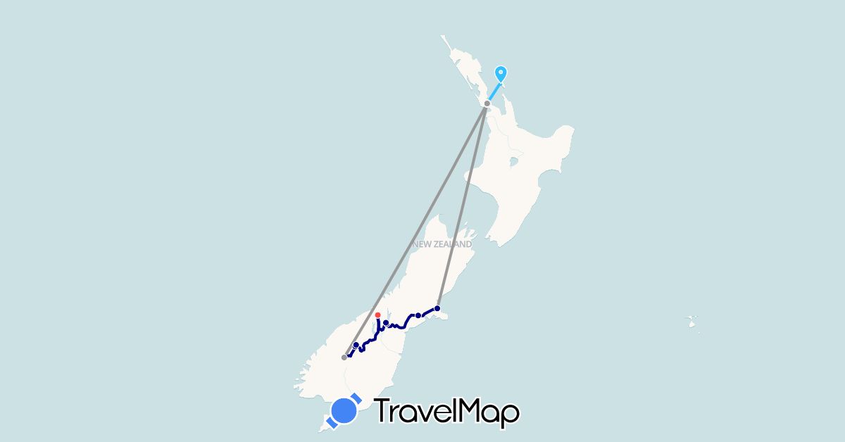 TravelMap itinerary: driving, plane, hiking, boat in New Zealand (Oceania)
