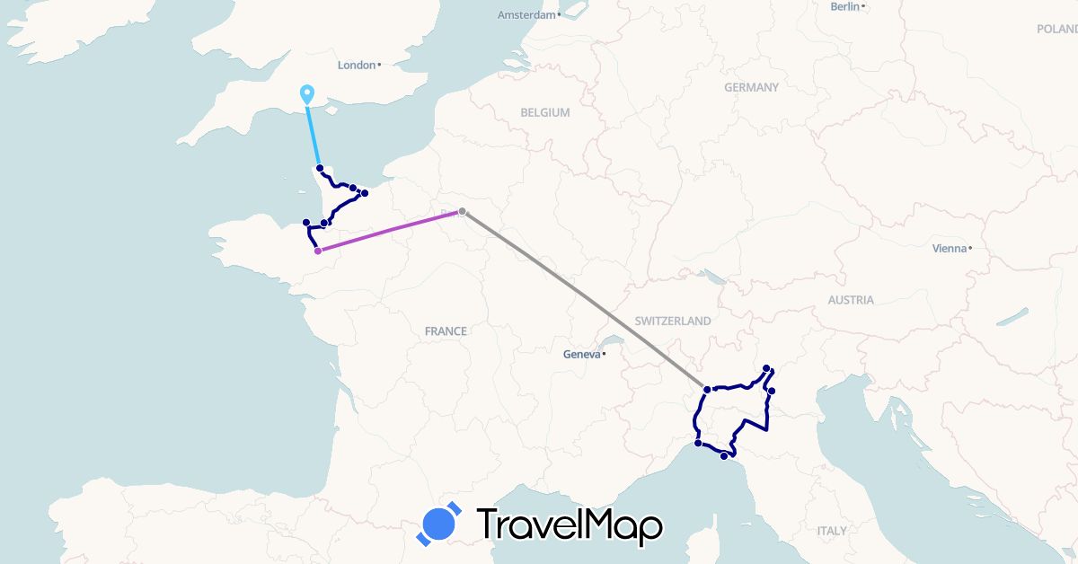 TravelMap itinerary: driving, plane, train, boat in France, United Kingdom, Italy (Europe)